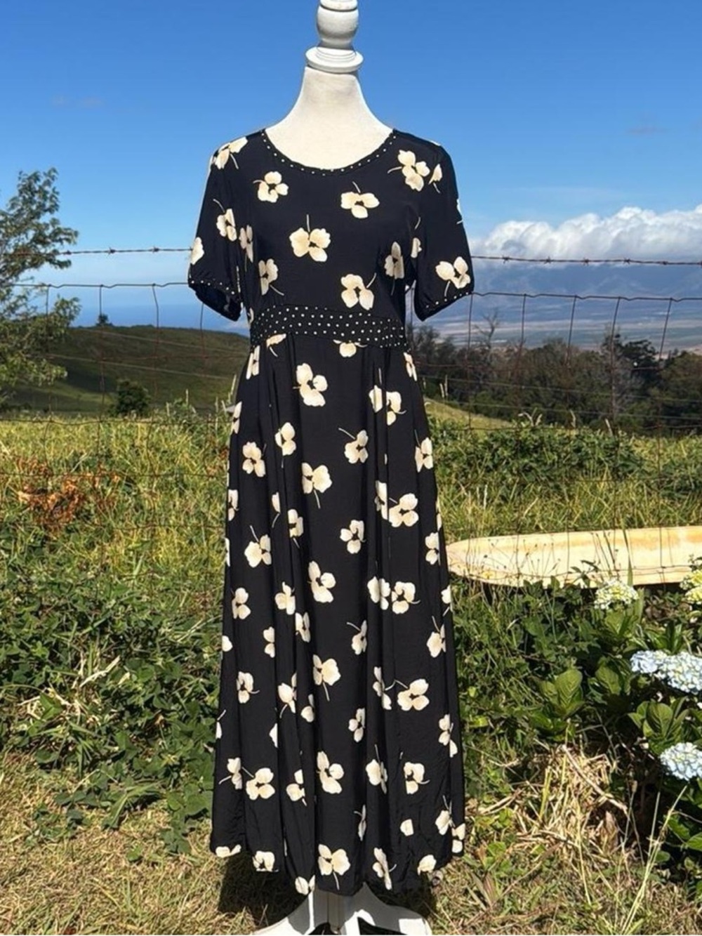 Vintage 90s Lauren Michele Honolulu Black Floral Polka dot Feminine Midi Dress S